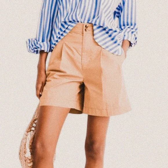 Madewell light khaki chino style 100% pleated long shorts high rise sz 8 - Picture 1 of 7